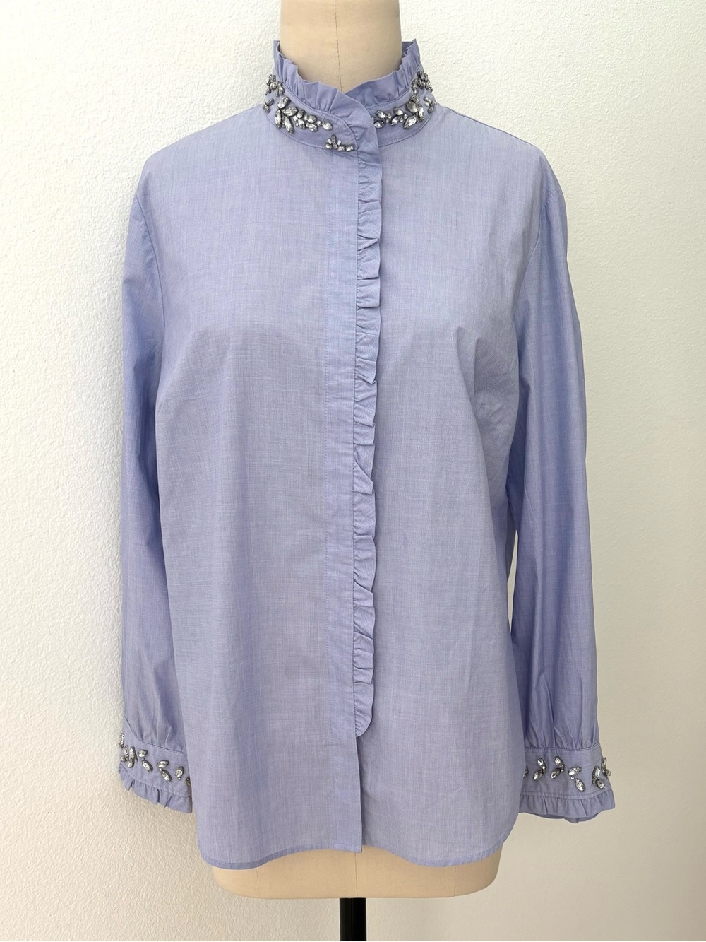 J.Crew Crystal Embellished Blouse NWT Blue Ruffle Collar & Cuff Cotton Size 16